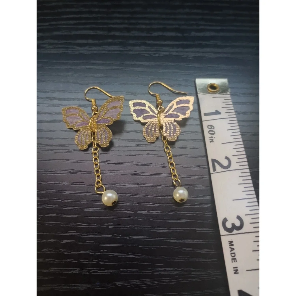 Butterfly Dangle Earrings Purple Fabric Wings Faux Pearl Drop Boho Lightweight - Picture 2 of 2